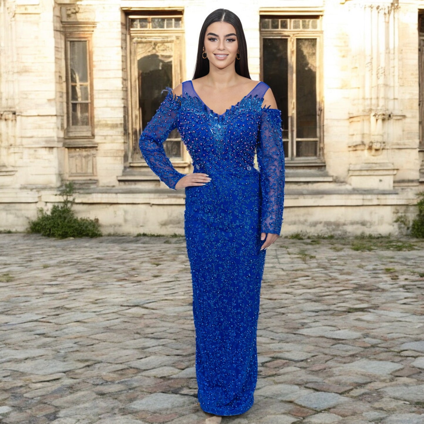 Royal Blue Pearl Dress- Detailed with Pearls and Detachable Skirt