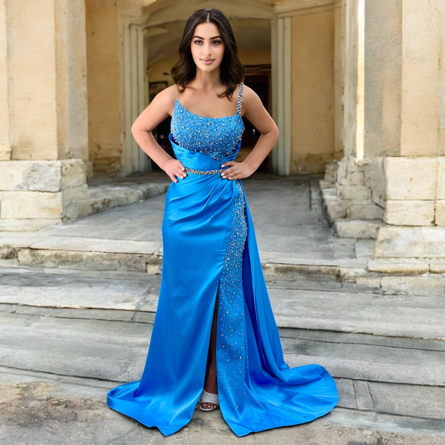 Sexy Blue Long Dress- Detailed with Beautiful Crystals and Sequins