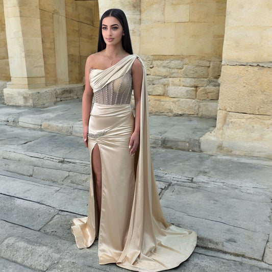 Sexy Champagne  Long Dress- Detailed with Beautiful Satin with Crystals