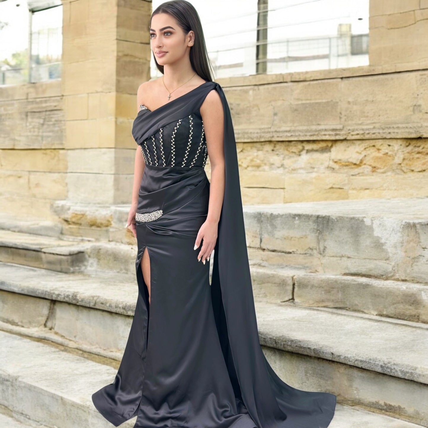 Sexy Black Long Dress- Detailed with Beautiful Satin with Crystals