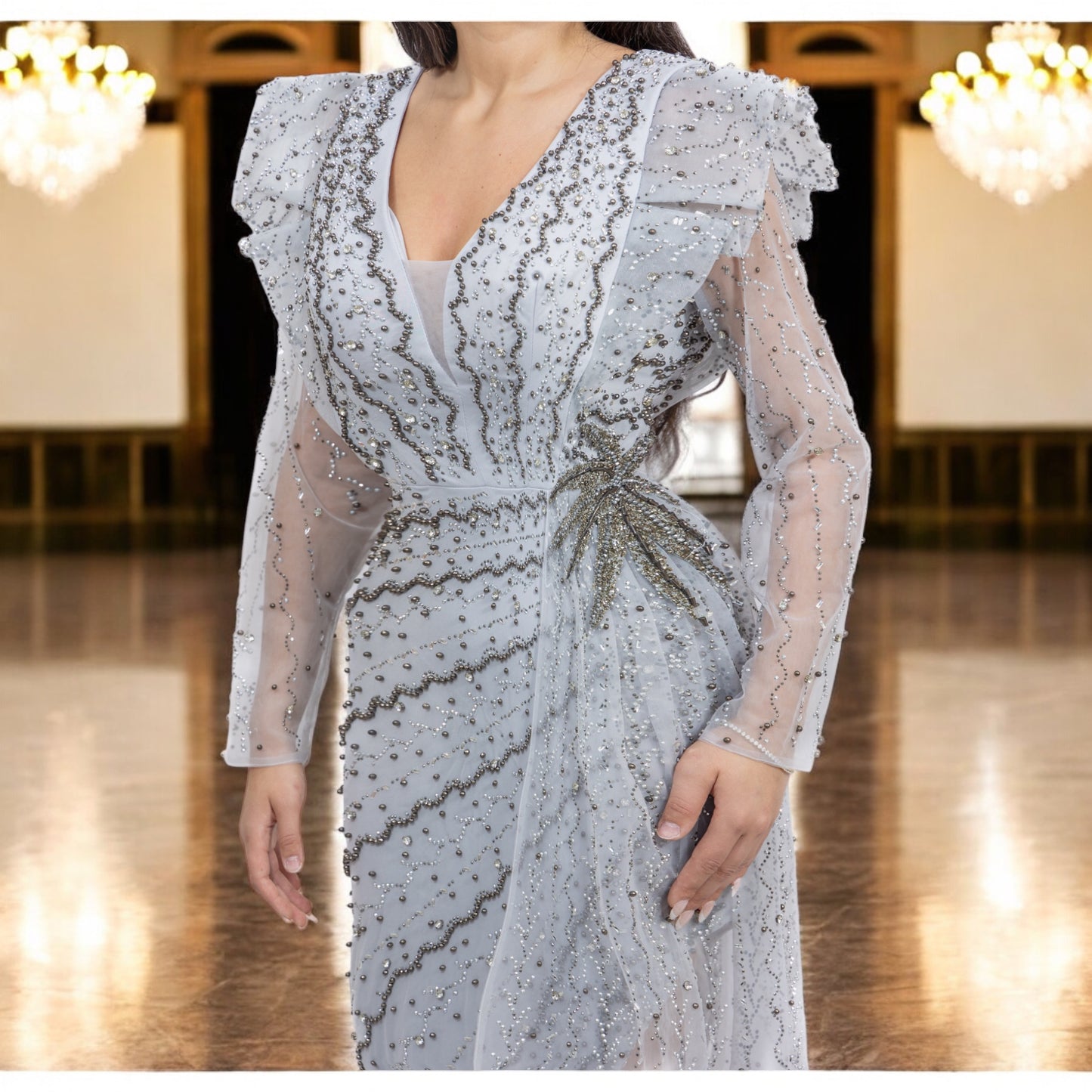 silver Beaded Dress with Knee High