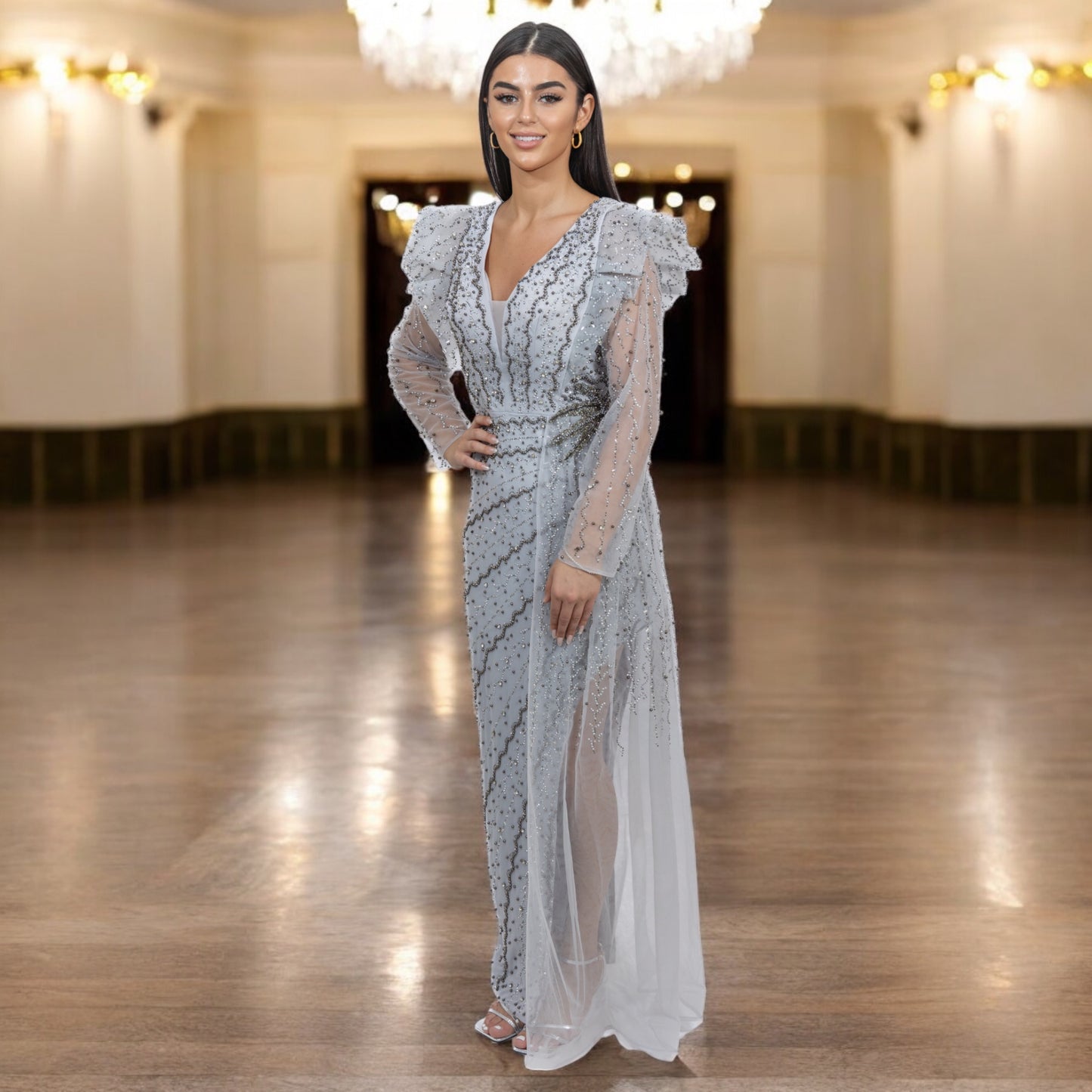 silver Beaded Dress with Knee High