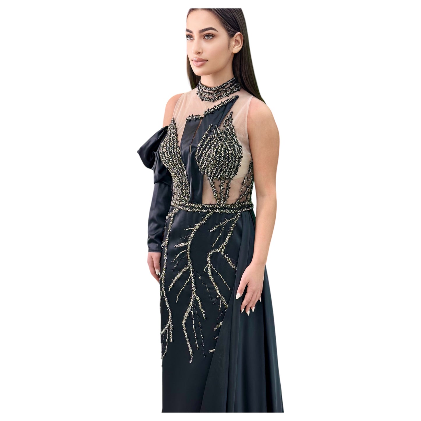 Elegant Black Long Dress-Detailed with Beautiful Crystals and Sequins