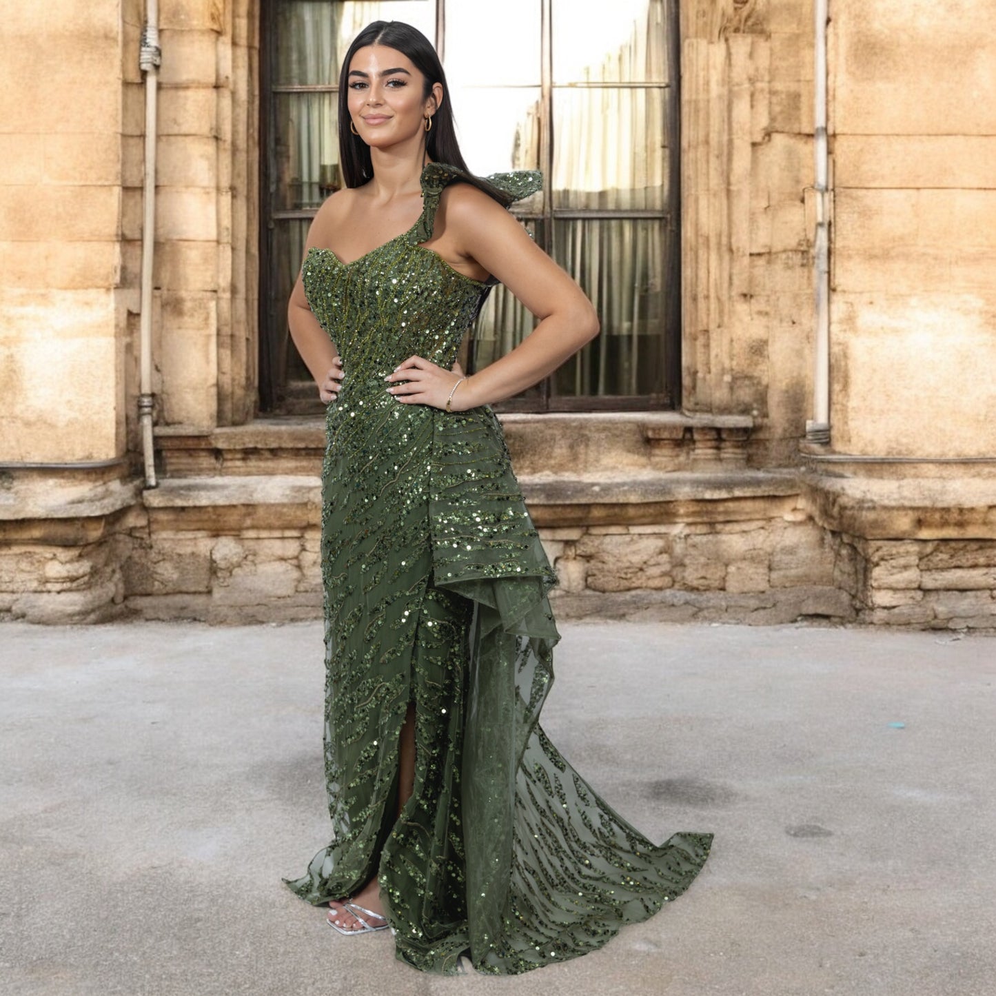 Army Green Sequenced Dress with one shoulder and Side Tail on a Knee high Slit