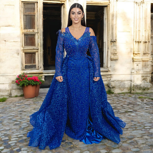 Royal Blue Pearl Dress- Detailed with Pearls and Detachable Skirt