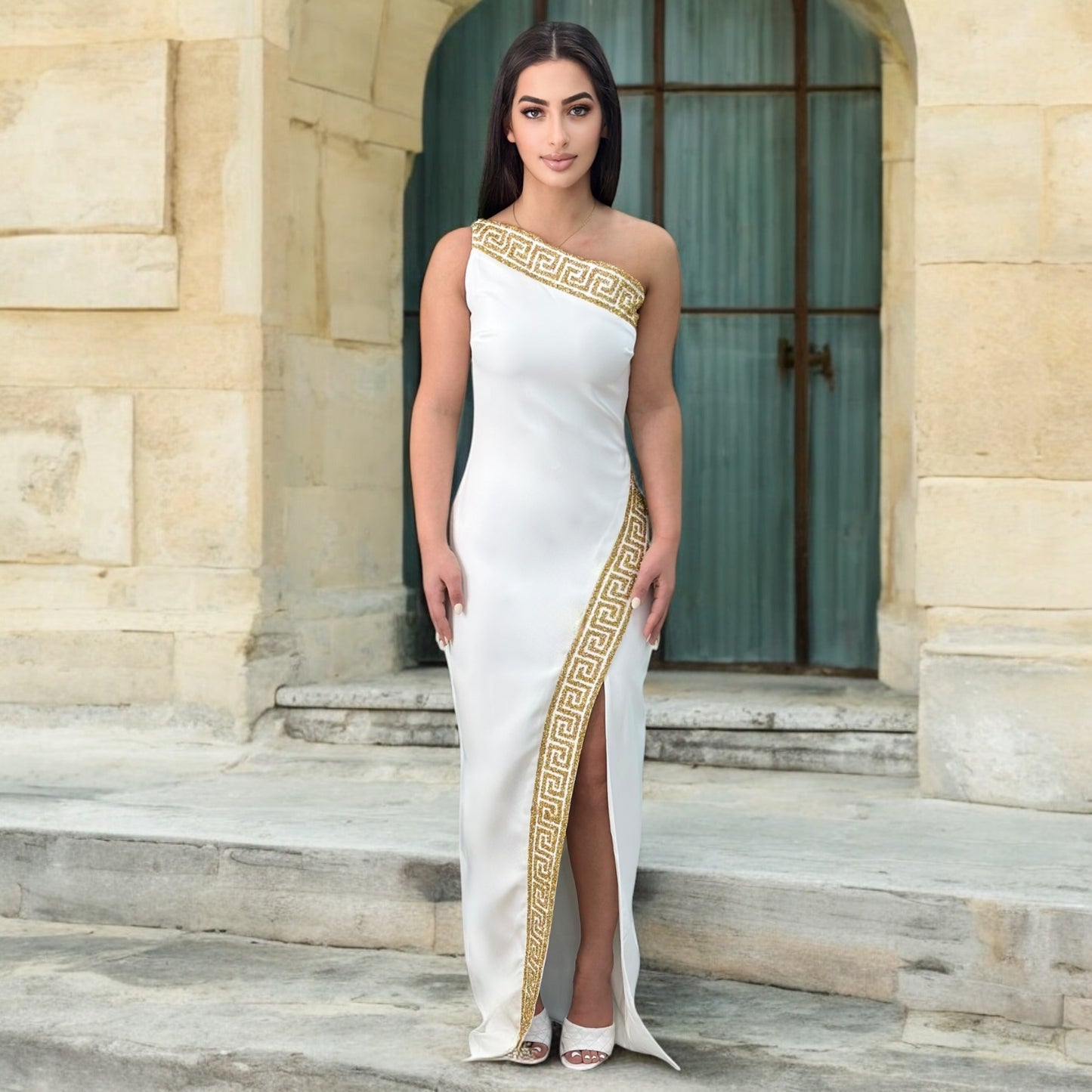 One Shouldered White Fitted Dress Beautifully Detailed with Gold and an elegant Slit on the side