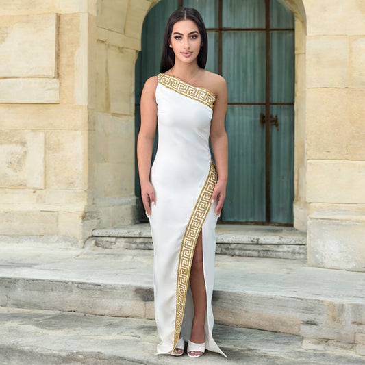 One Shouldered White Fitted Dress Beautifully Detailed with Gold and an elegant Slit on the side