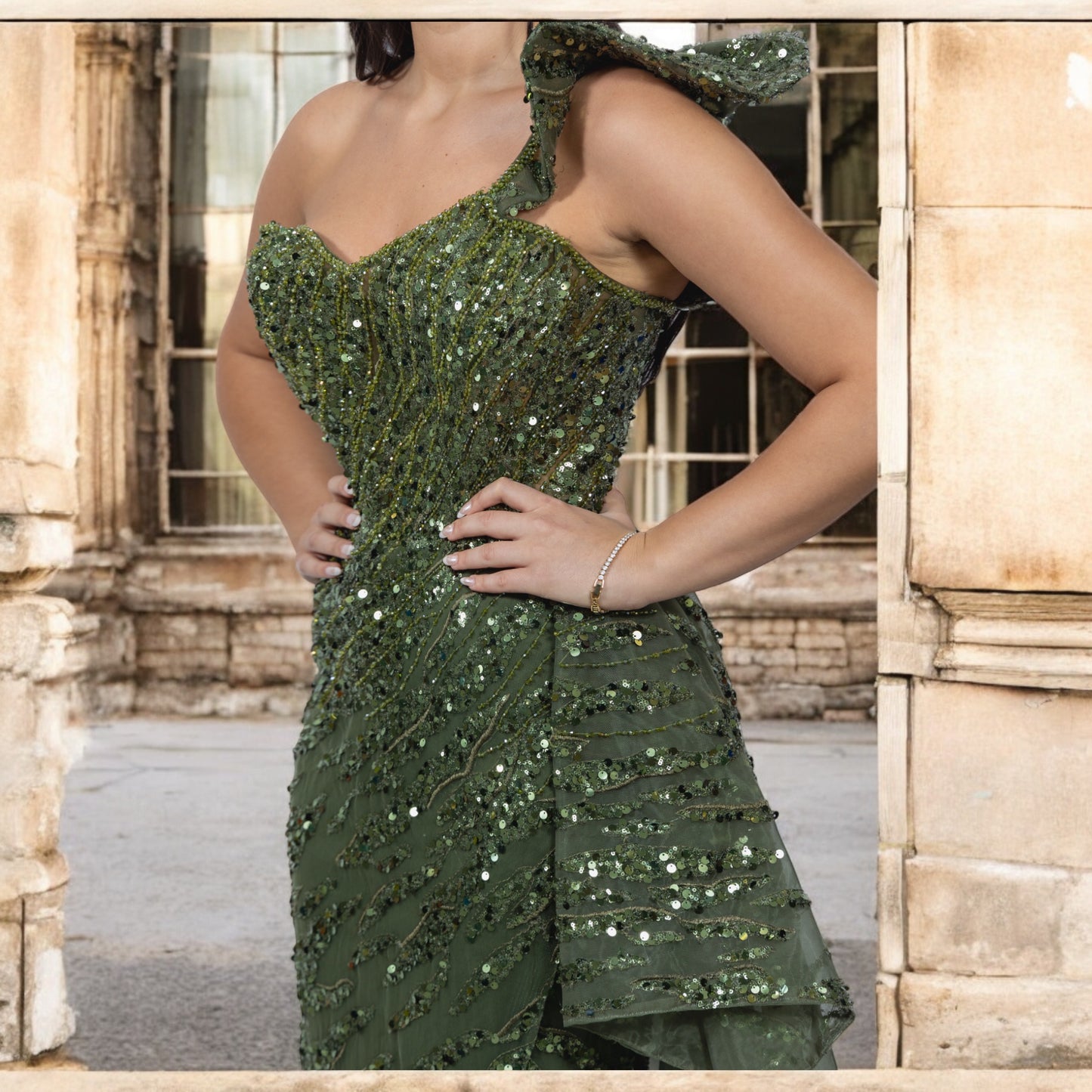 Army Green Sequenced Dress with one shoulder and Side Tail on a Knee high Slit