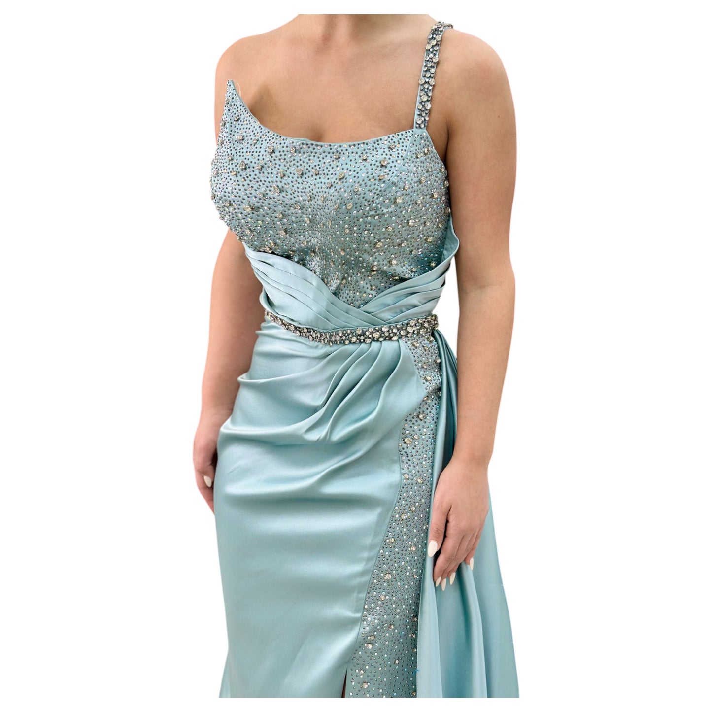 Satin Mint Green Elegant Long Dress- Detailed with Beautiful Crystals and Sequins