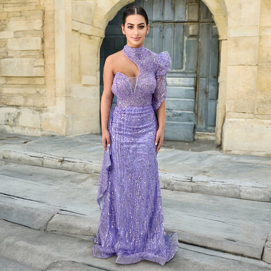 Purple Elegant Long Dress-Detailed with Beautiful Crystals and Sequins Uniquely One Shoulder
