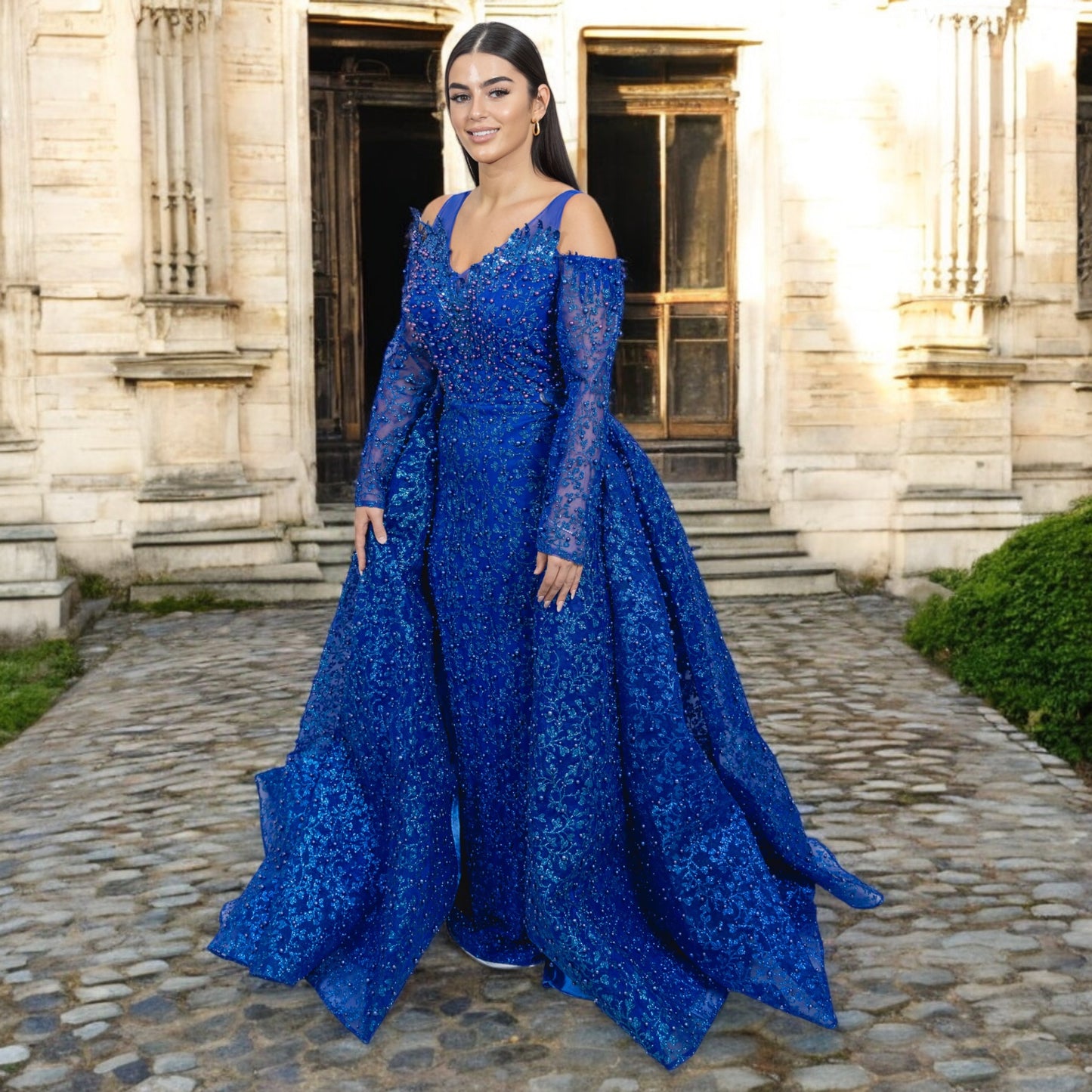 Royal Blue Pearl Dress- Detailed with Pearls and Detachable Skirt