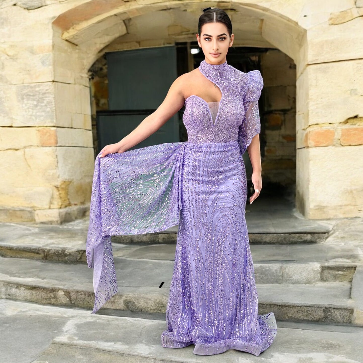 Purple Elegant Long Dress-Detailed with Beautiful Crystals and Sequins Uniquely One Shoulder