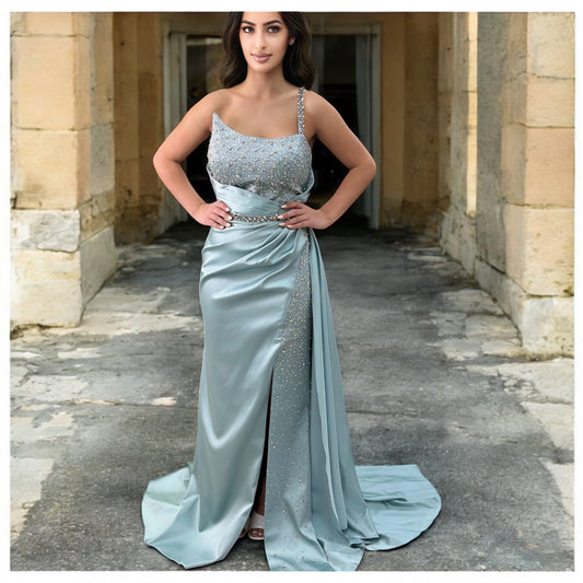 Satin Mint Green Elegant Long Dress- Detailed with Beautiful Crystals and Sequins