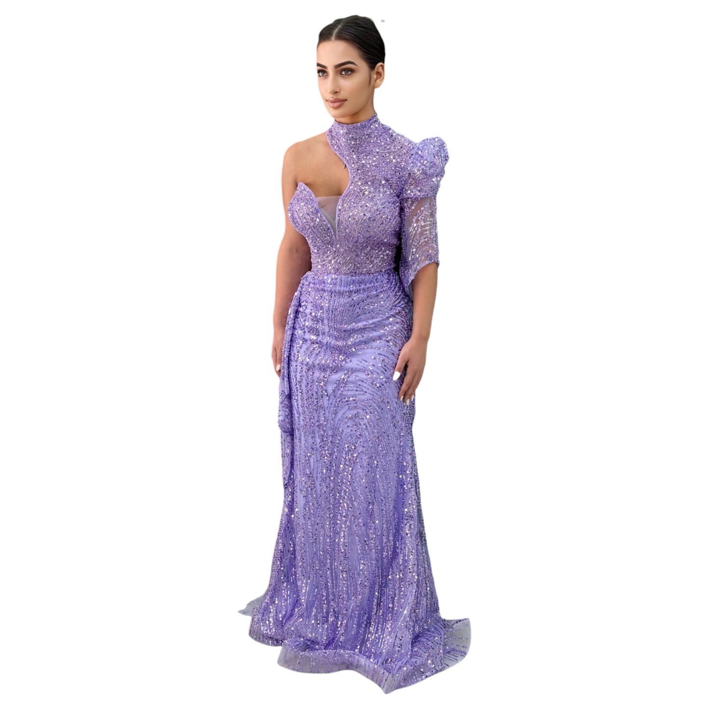 Purple Elegant Long Dress-Detailed with Beautiful Crystals and Sequins Uniquely One Shoulder