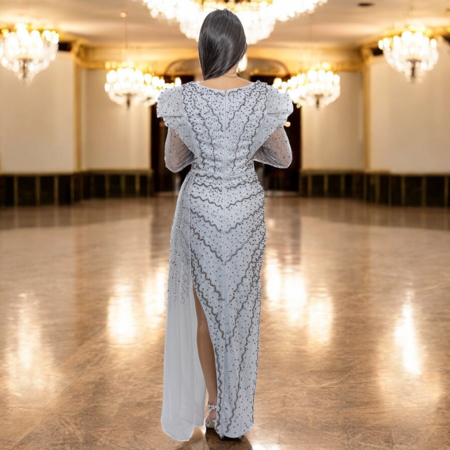 silver Beaded Dress with Knee High