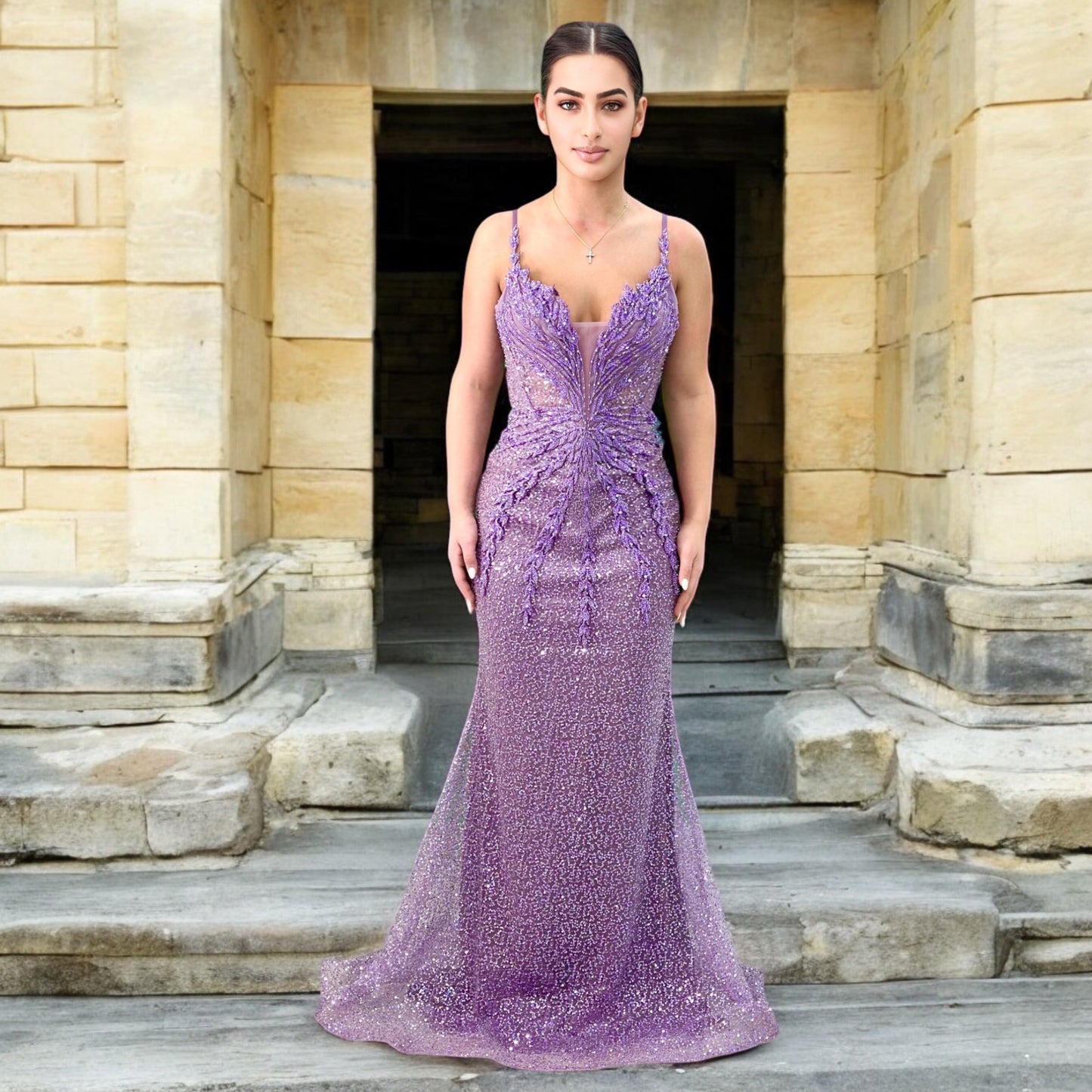 Purple Elegant Long Dress-Detailed with Beautiful Crystals and Sequins and Detachable Long Skirt