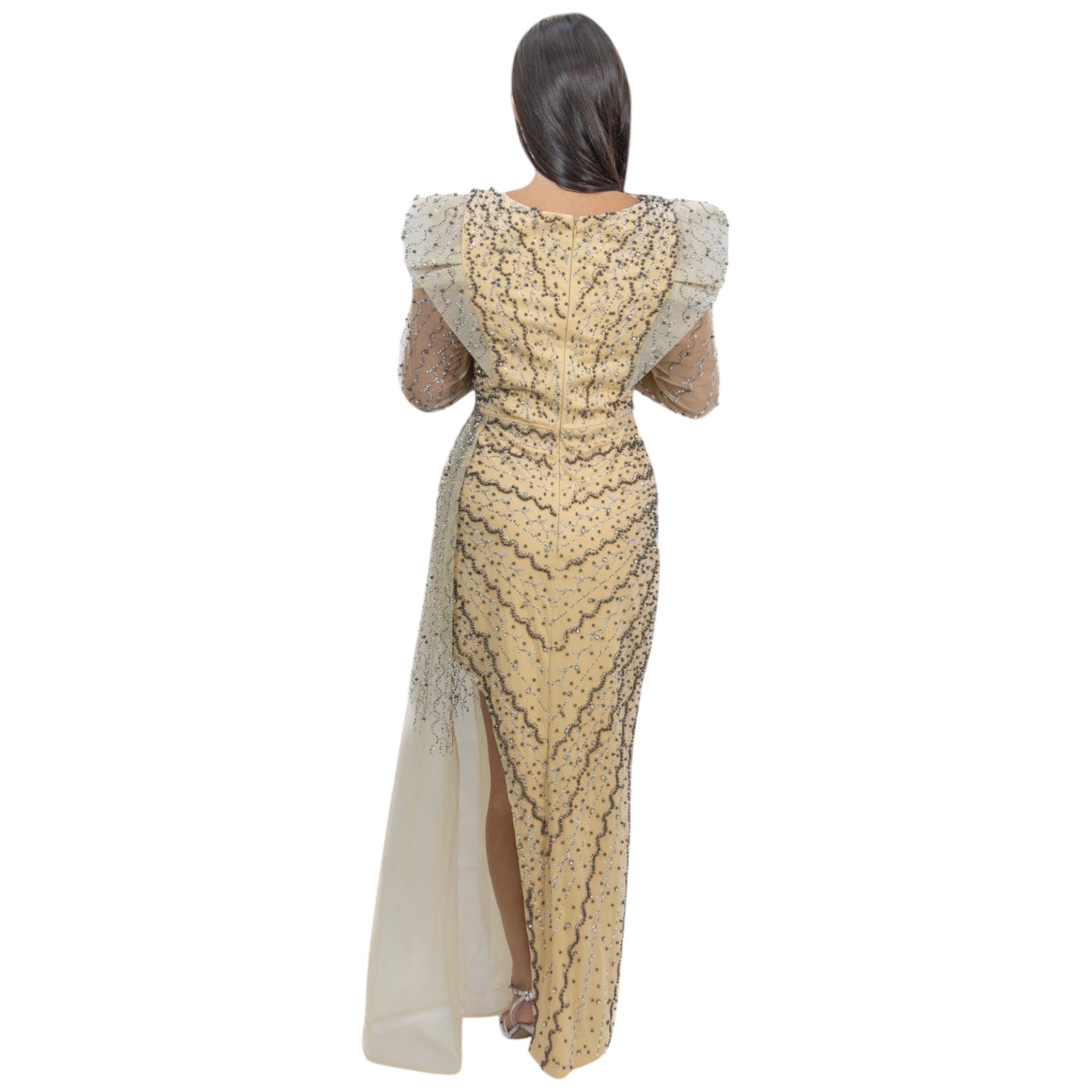 Beige  Beaded Dress with Knee High Slit