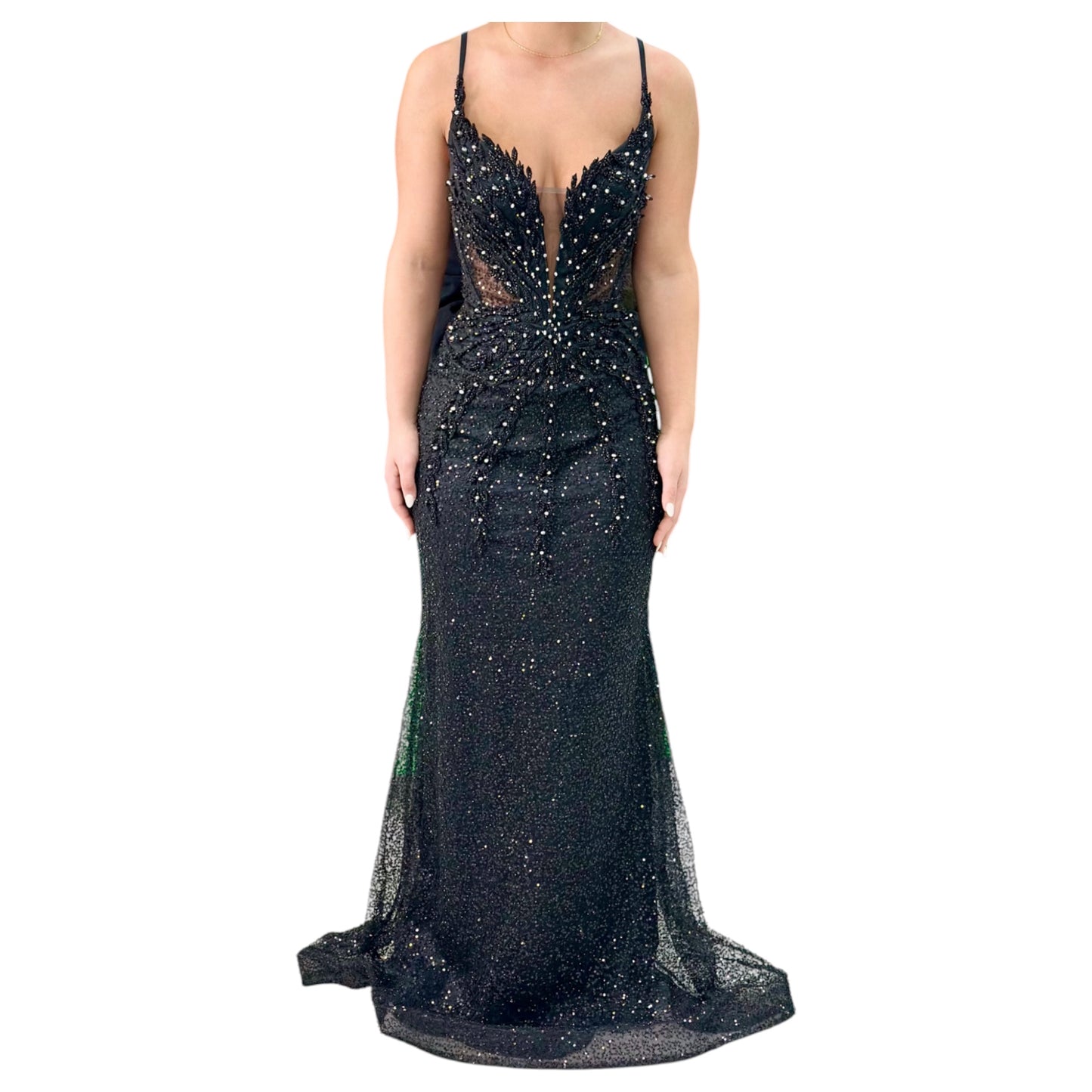 Black Elegant Long Dress-Detailed with Beautiful Crystals and Sequins and Detachable Long Skirt