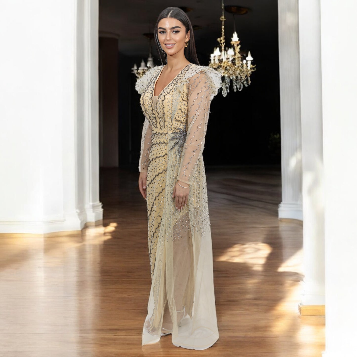 Beige  Beaded Dress with Knee High Slit