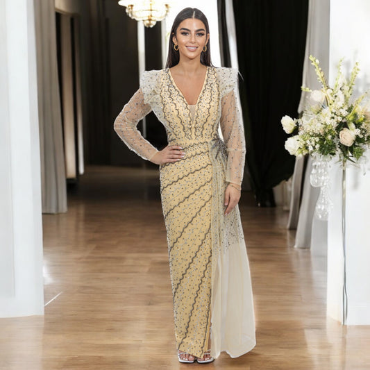 Beige  Beaded Dress with Knee High Slit