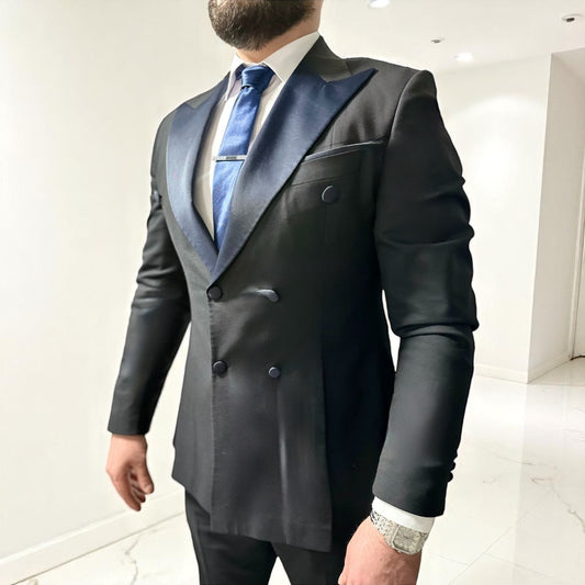 Darkest Navy Double Breasted Elegant Satin Collar Suit - Slim Fit