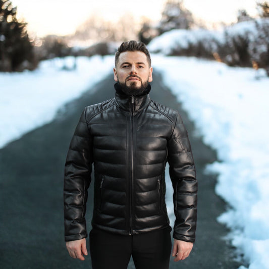 Fashionable  -Black Leather with Furry Details on The Collar  -Winter Jacket