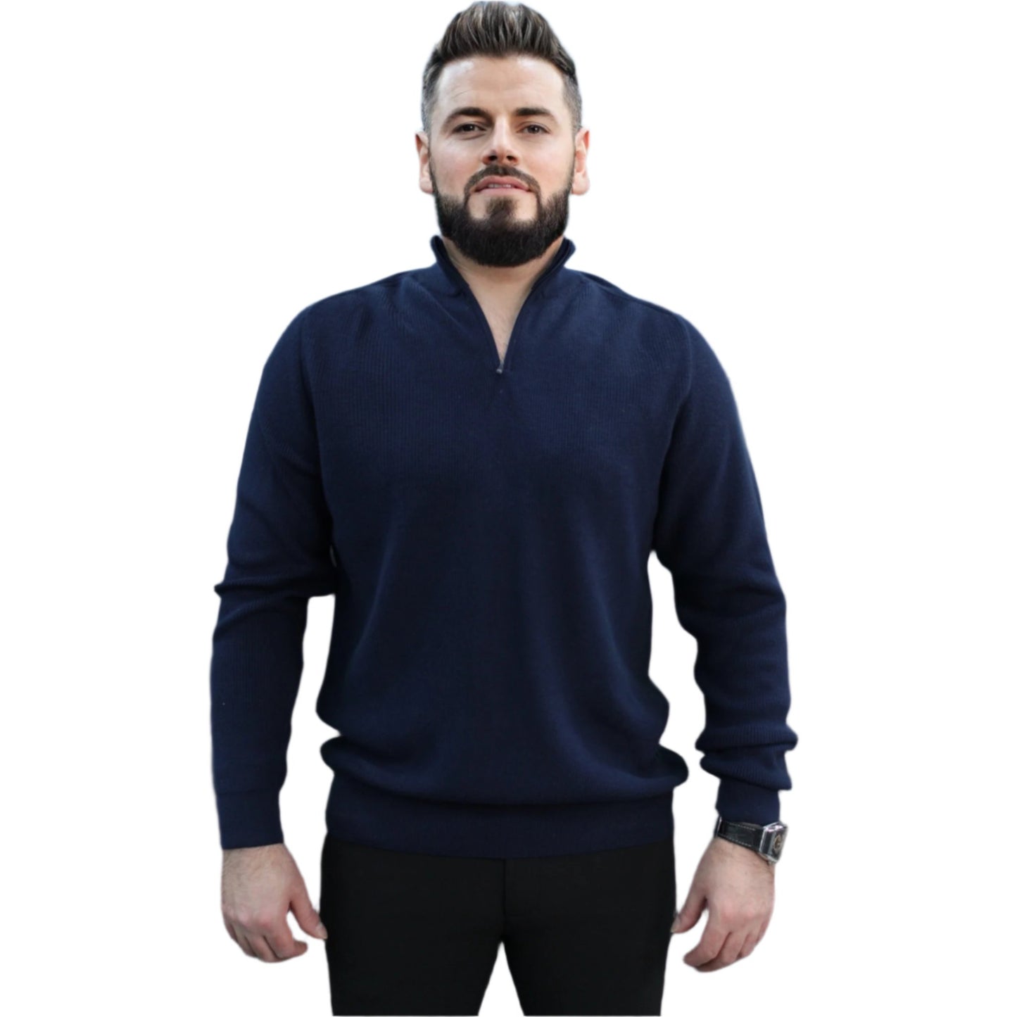 Dark Navy - Wool- Quarter Zipper,  Essential  Sweater