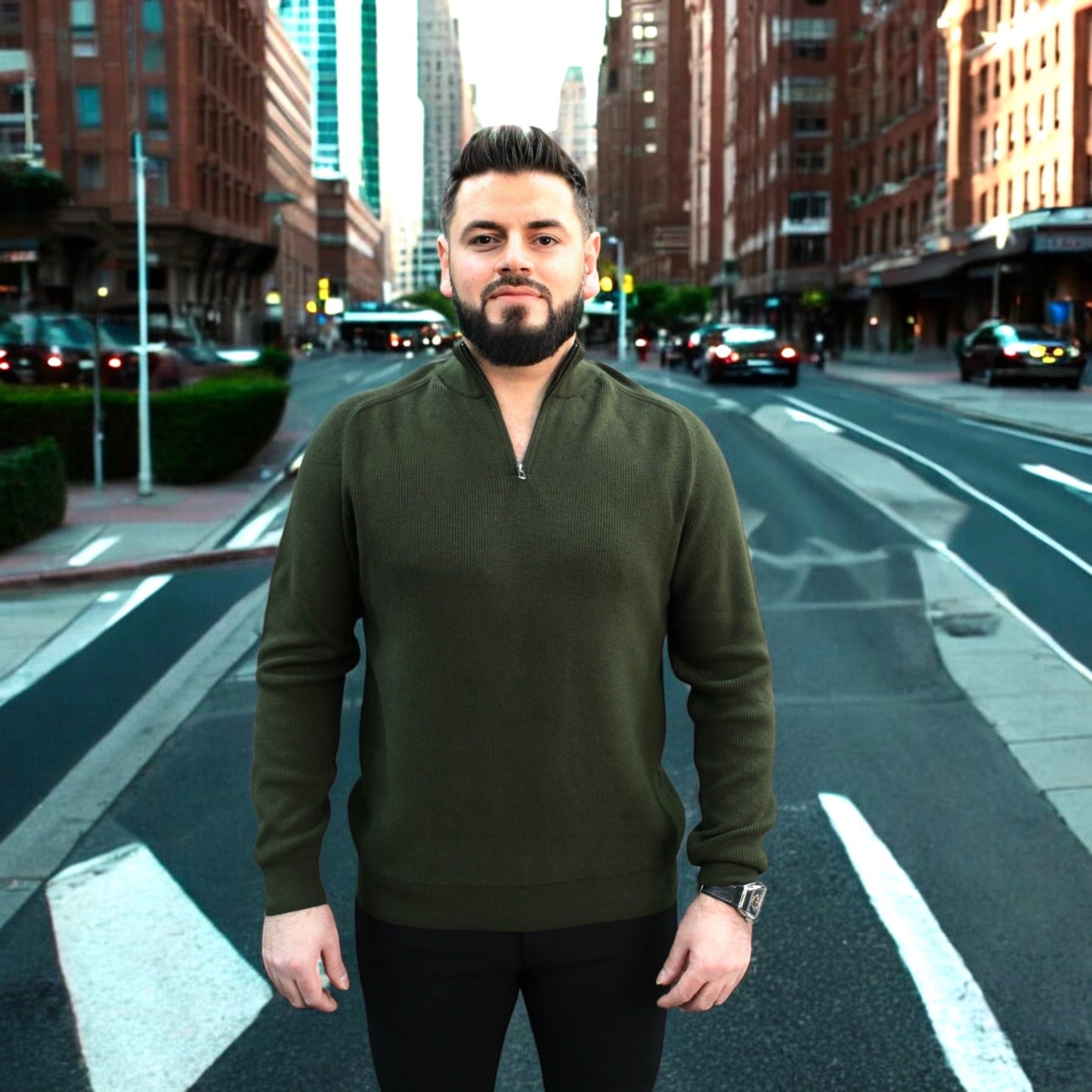 Olive Green - Wool- Quarter Zipper,  Essential  Sweater