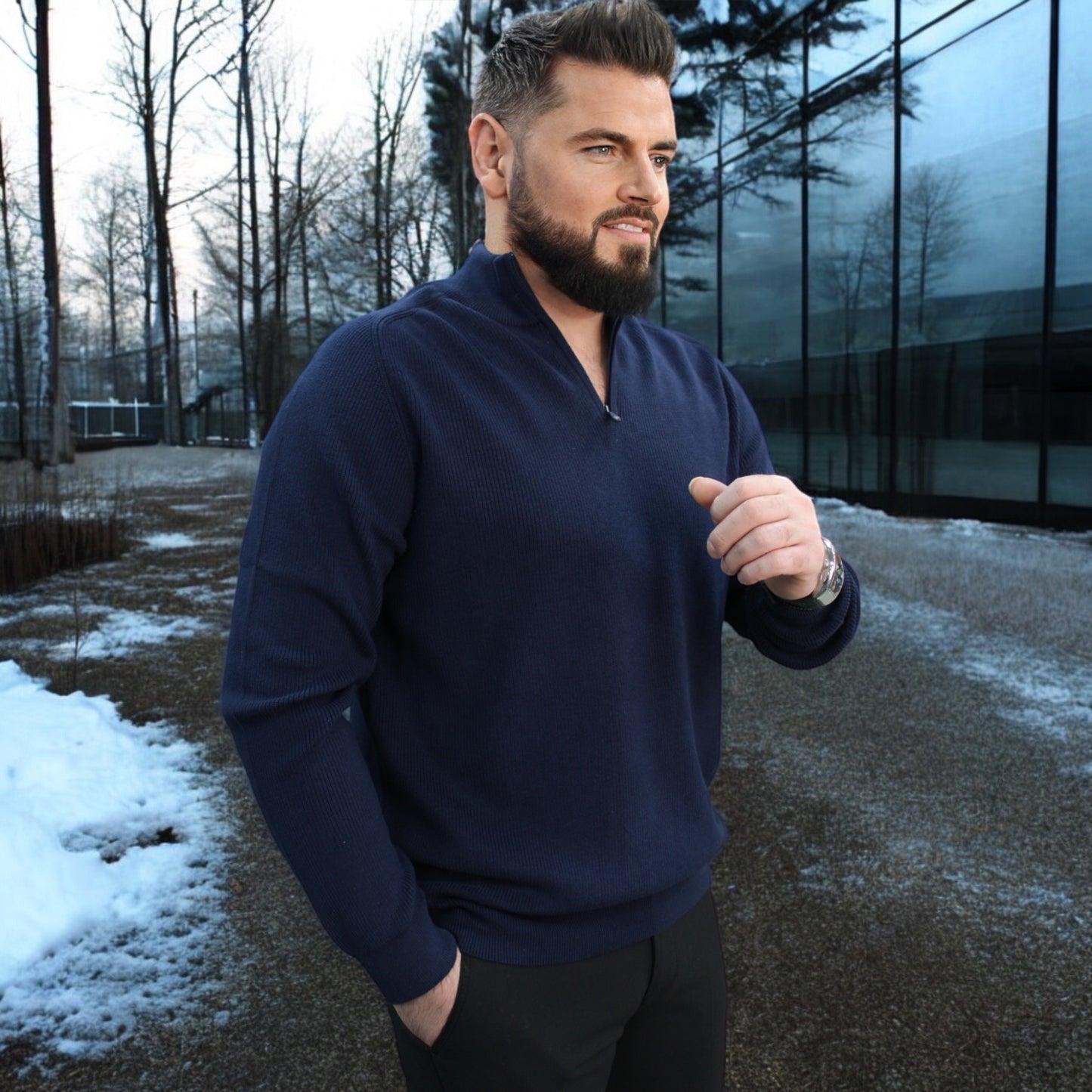 Dark Navy - Wool- Quarter Zipper,  Essential  Sweater