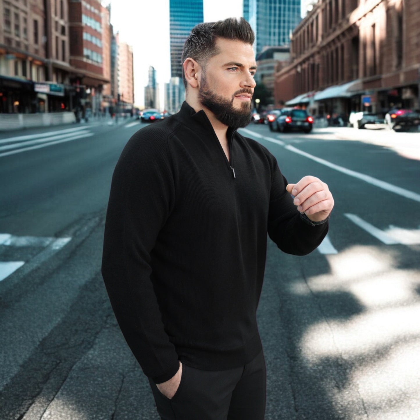 Black - Wool- Quarter Zipper,  Essential  Sweater