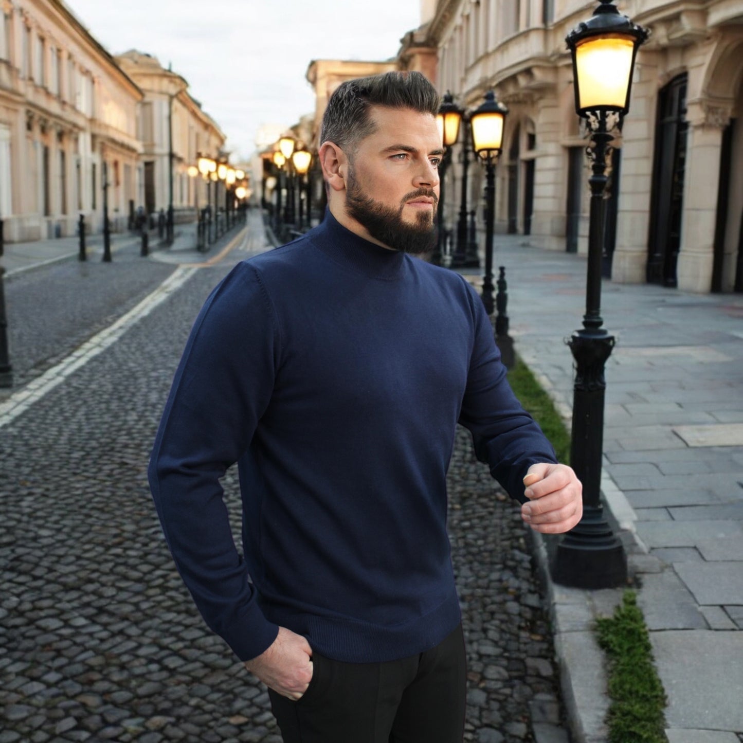 Blue Navy Wool Mock Neck,  Essential  Sweater