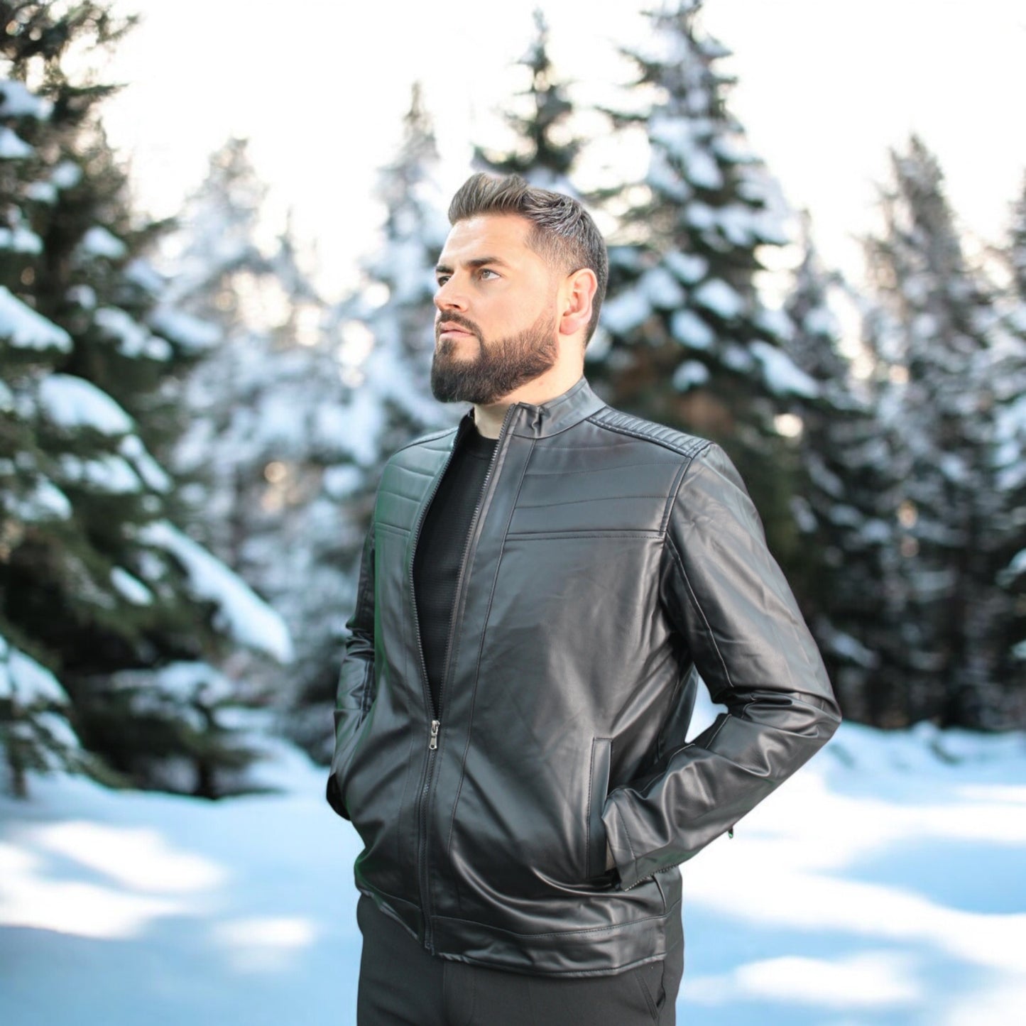 Detailed -Casual -Black Leather  Winter Jacket with Pockets