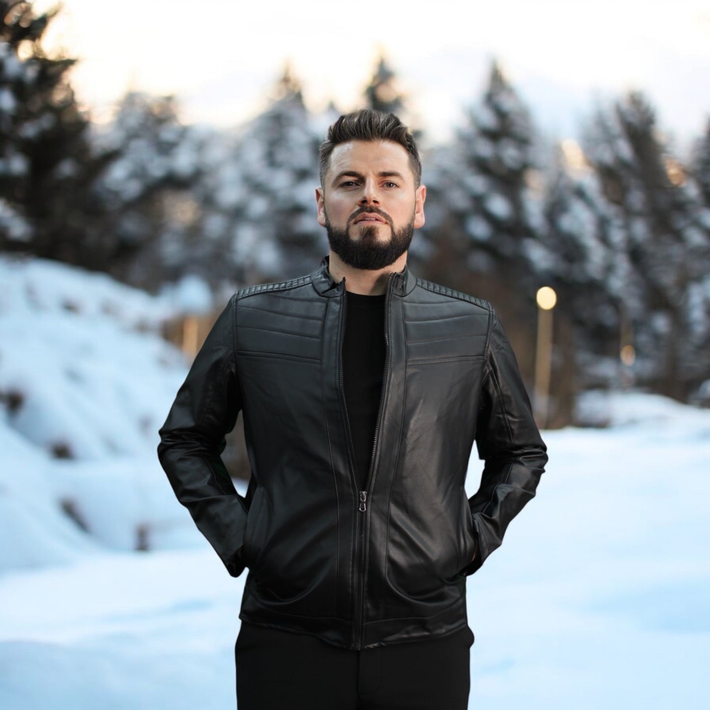 Detailed -Casual -Black Leather  Winter Jacket with Pockets