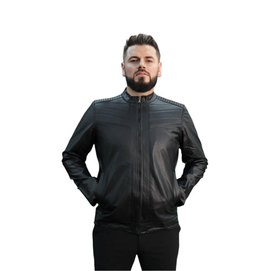 Detailed -Casual -Black Leather  Winter Jacket with Pockets