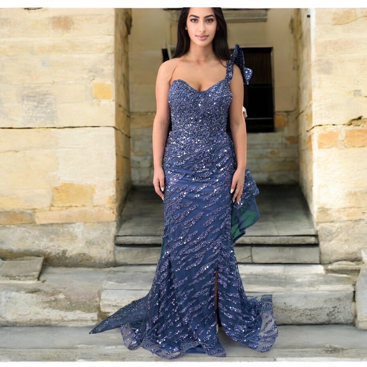Navy Elegant Long Dress-Detailed with Beautiful Crystals and Sequins Off The Shoulder