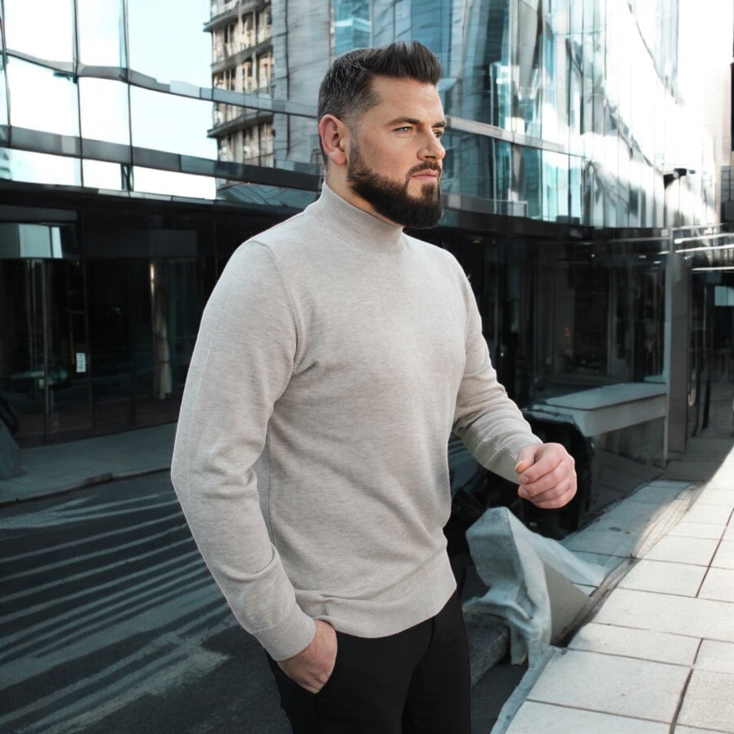 Light Tan , Wool Mock Neck,  Essential  Sweater
