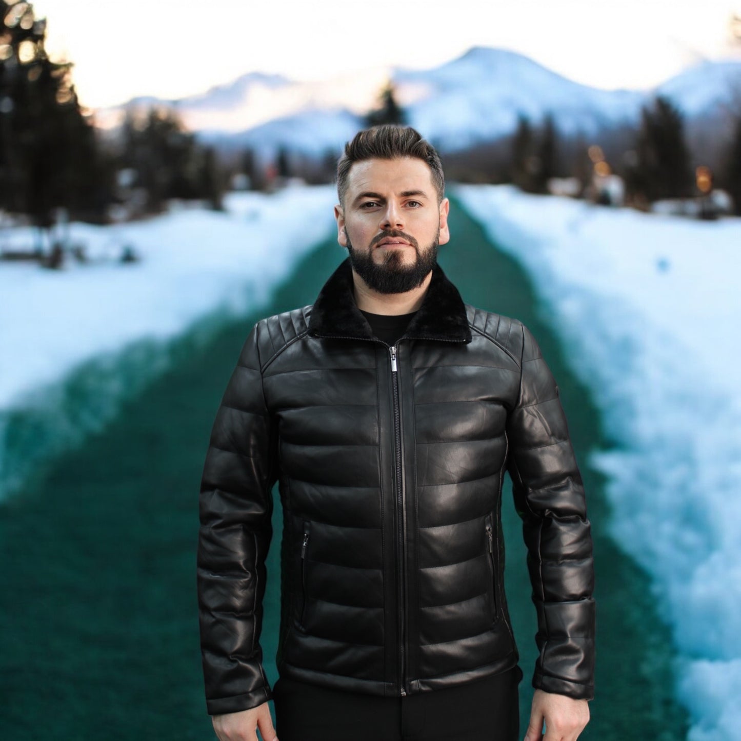 Fashionable  -Black Leather with Furry Details on The Collar  -Winter Jacket