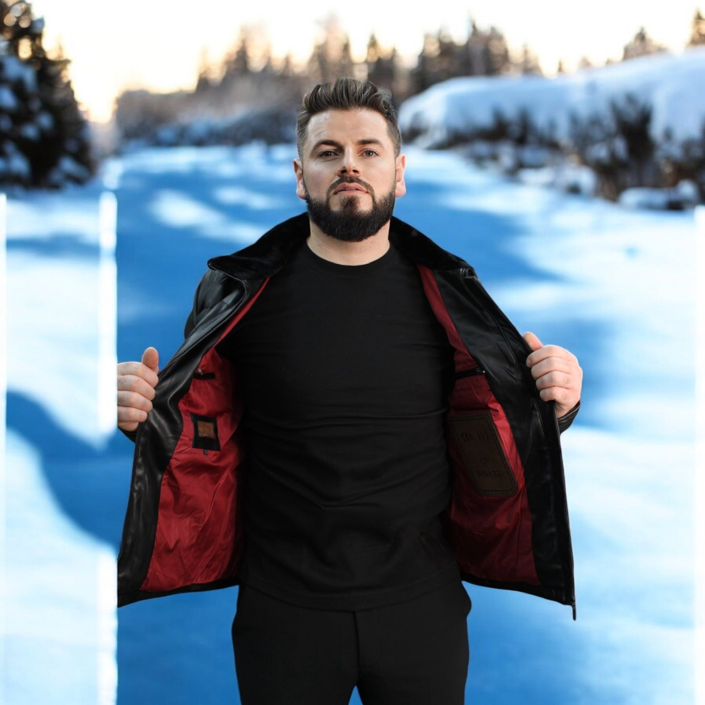 Fashionable  -Black Leather with Furry Details on The Collar  -Winter Jacket