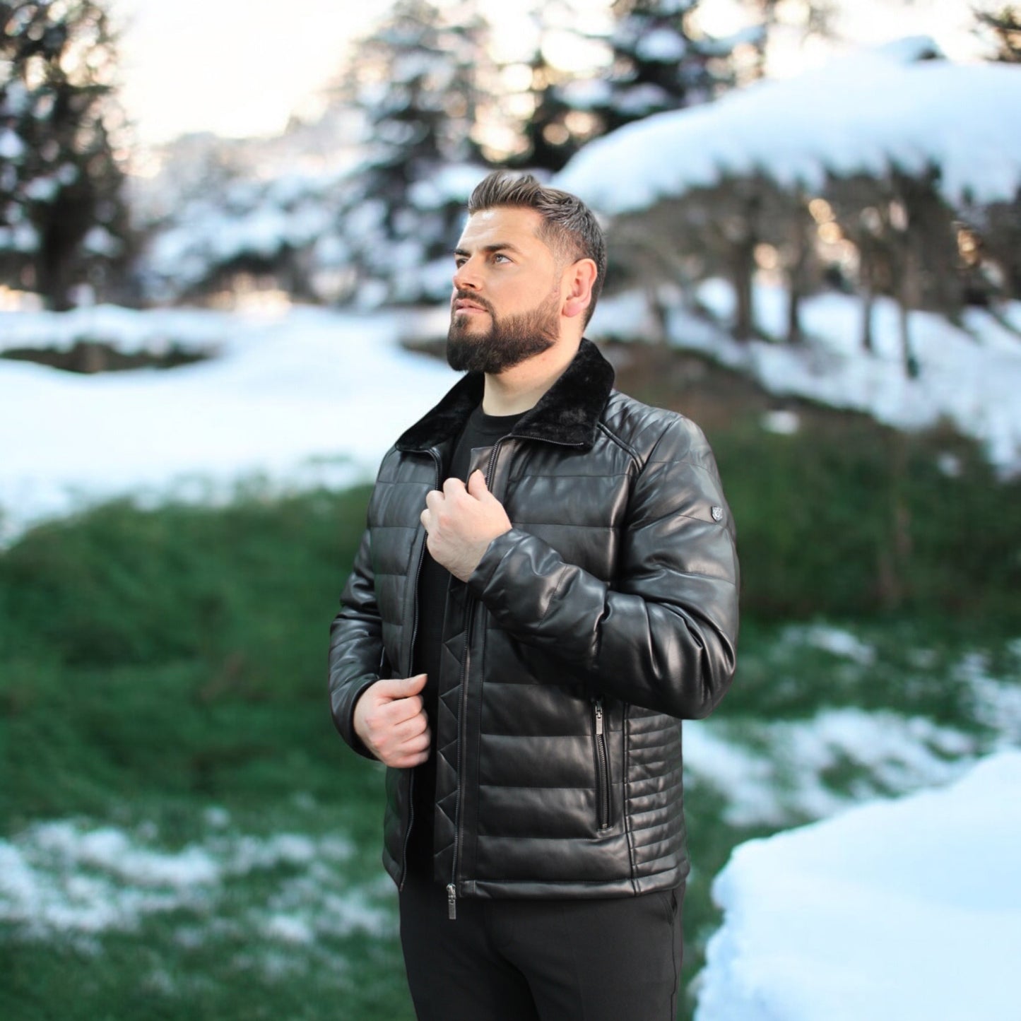 Fashionable  -Black Leather with Furry Details on The Collar  -Winter Jacket
