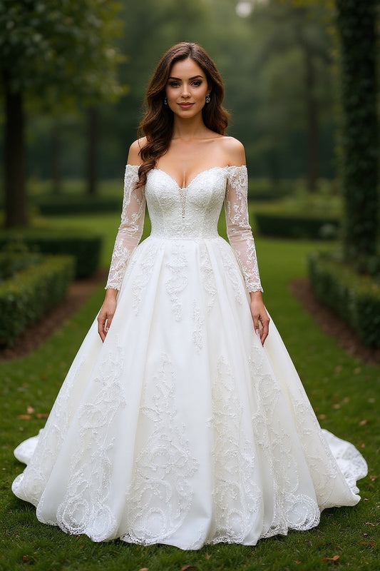 Off The Shoulder-Princess  Ball Gown Style - Wedding Gown - Creamy Detailed with Sequins and Shiny Beads