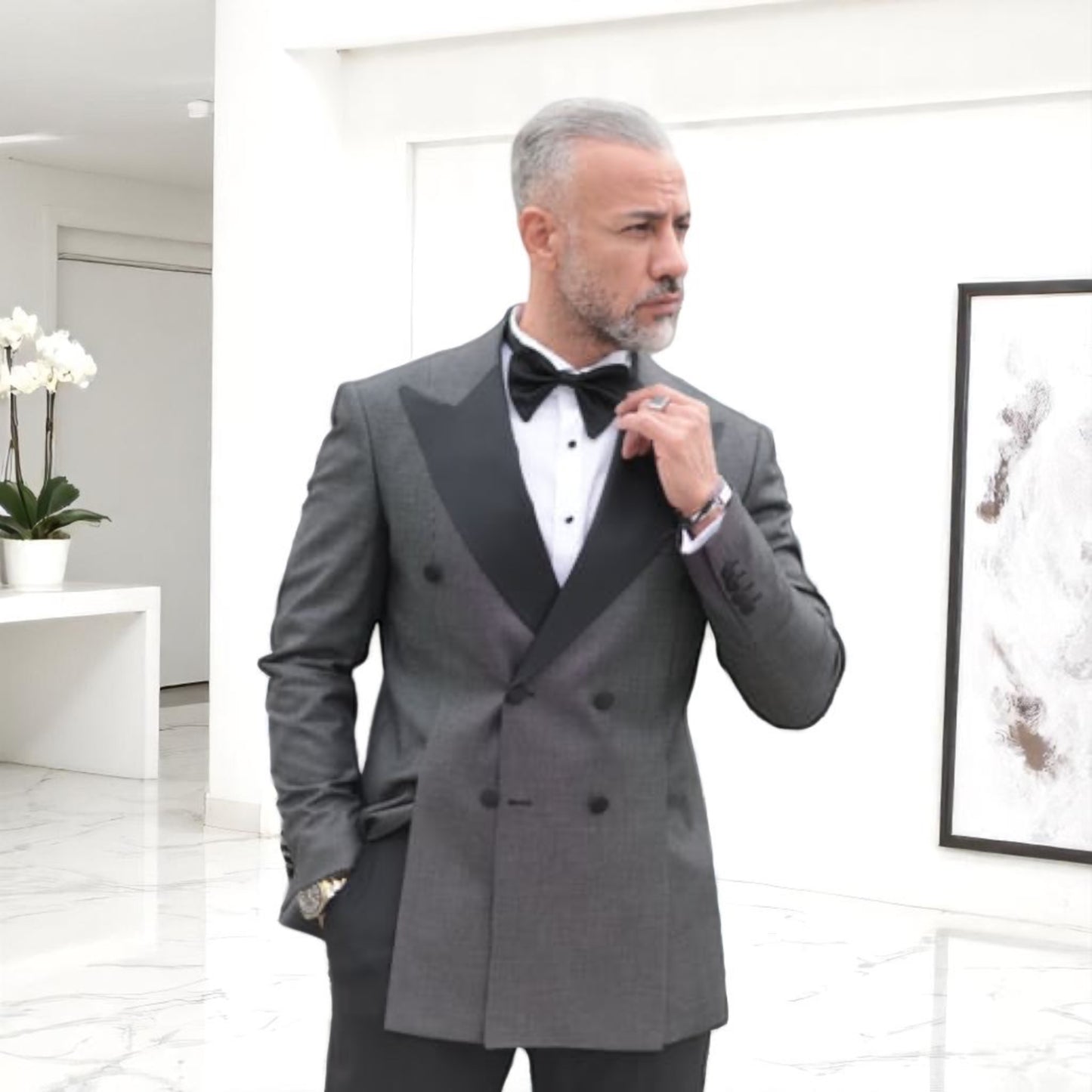 Contrasted Jacket with Charcoal Shimmer Gray and Black, with Black Pants Double Breasted Elegant Satin Collar Suit - Slim Fit