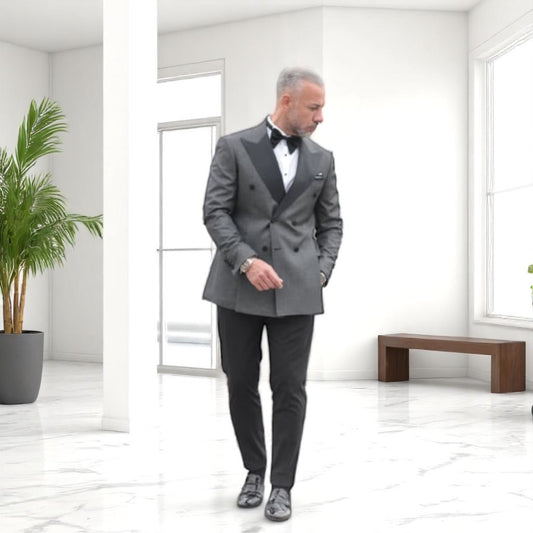 Contrasted Jacket with Charcoal Shimmer Gray and Black, with Black Pants Double Breasted Elegant Satin Collar Suit - Slim Fit