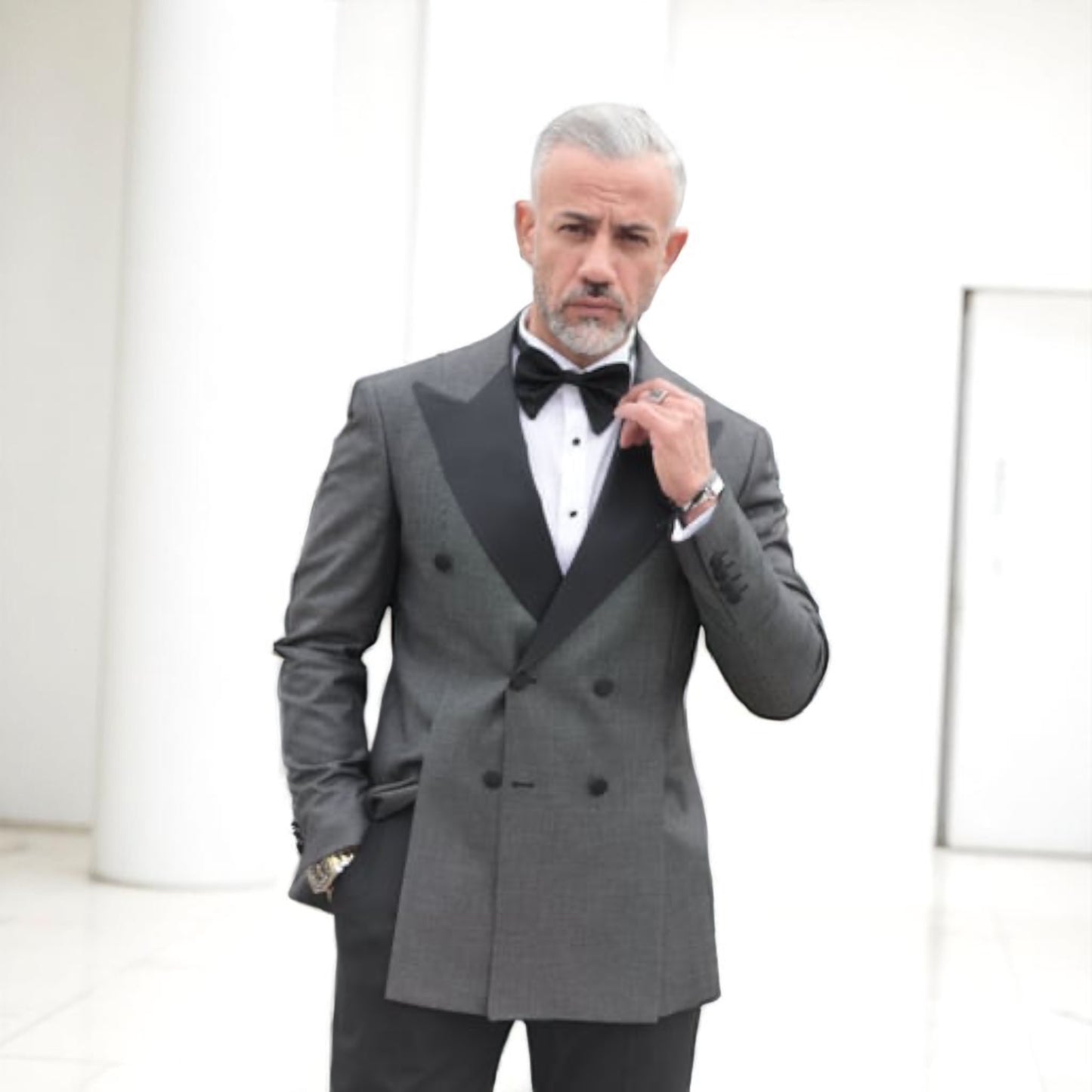 Contrasted Jacket with Charcoal Shimmer Gray and Black, with Black Pants Double Breasted Elegant Satin Collar Suit - Slim Fit