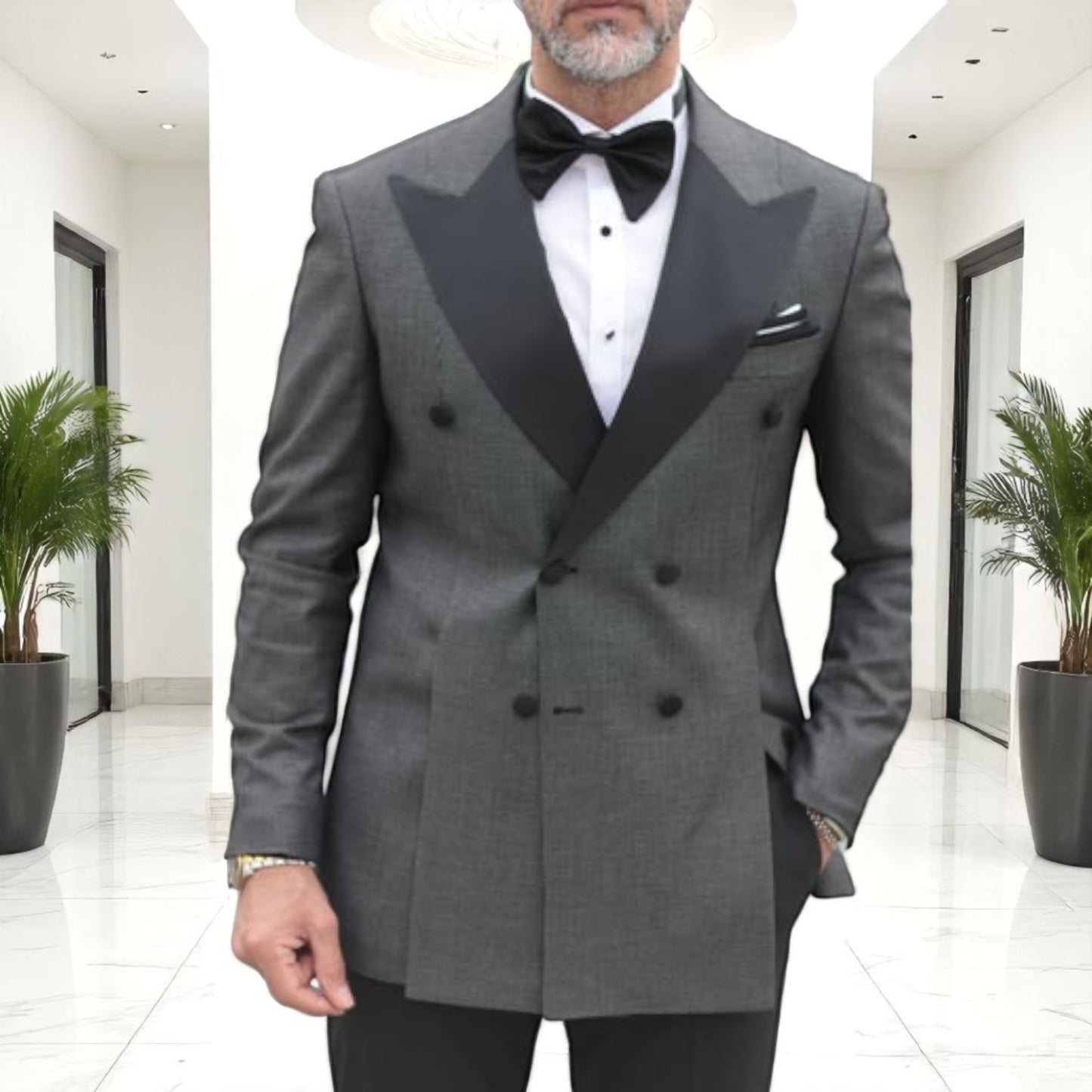 Contrasted Jacket with Charcoal Shimmer Gray and Black, with Black Pants Double Breasted Elegant Satin Collar Suit - Slim Fit