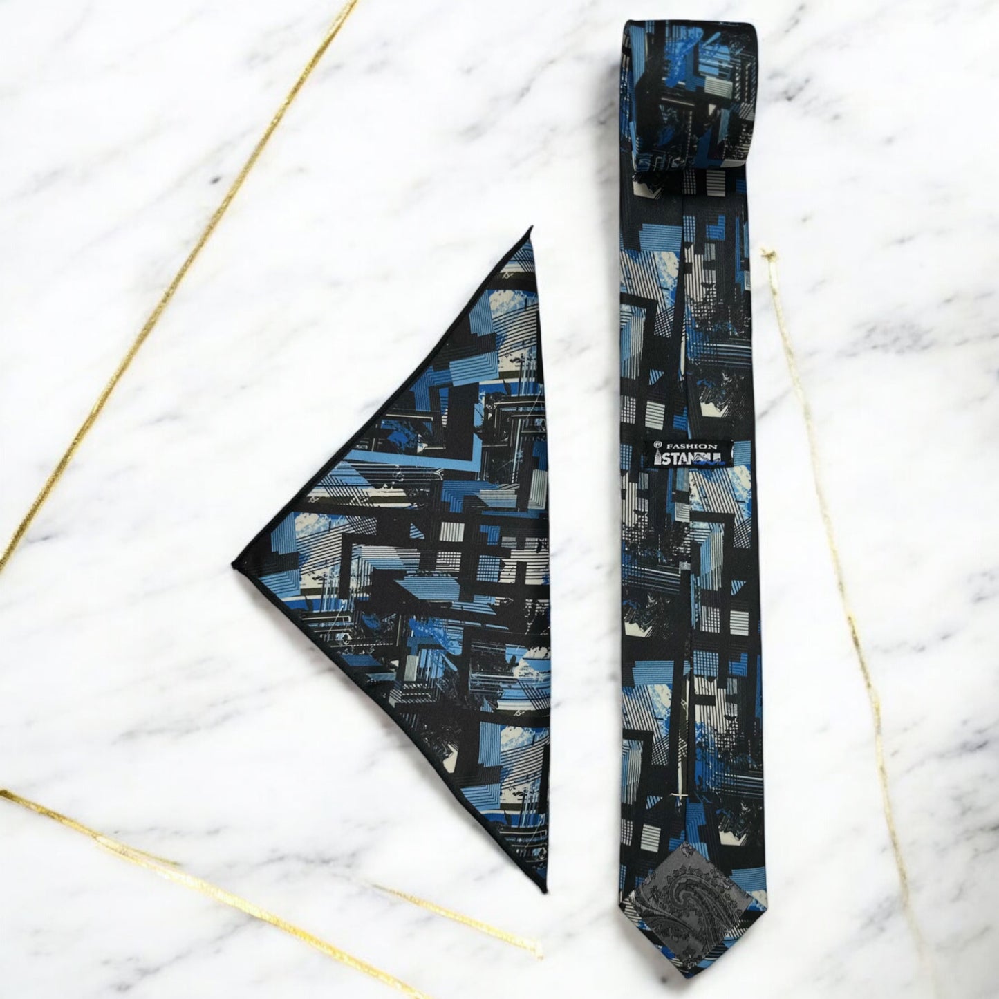 Elegant Blue, Gray and Black Mixed Pattern  - Istanbul Fashion Tie - Classic Wide