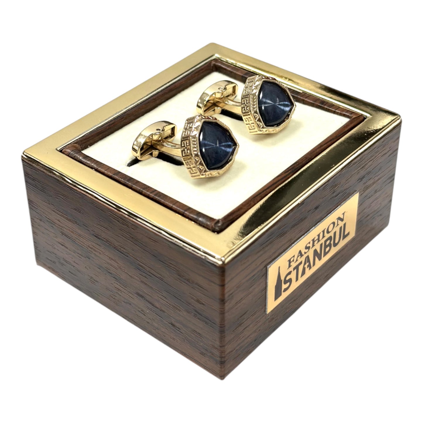 Triangle Shaped Gold and Blue Rhinestone  - Istanbul Fashion Cufflinks - 48