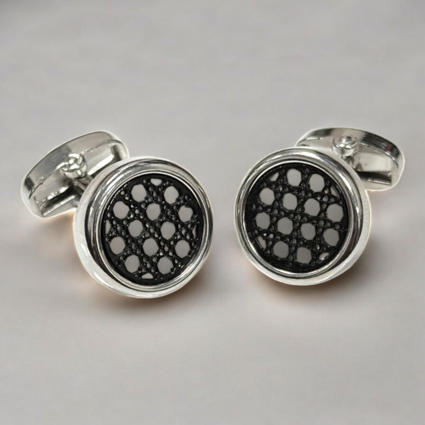 Round Silver Contrasted with Black Details   - Istanbul Fashion Cufflinks - 66