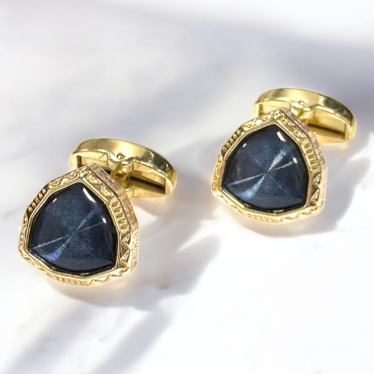 Triangle Shaped Gold and Blue Rhinestone  - Istanbul Fashion Cufflinks - 48