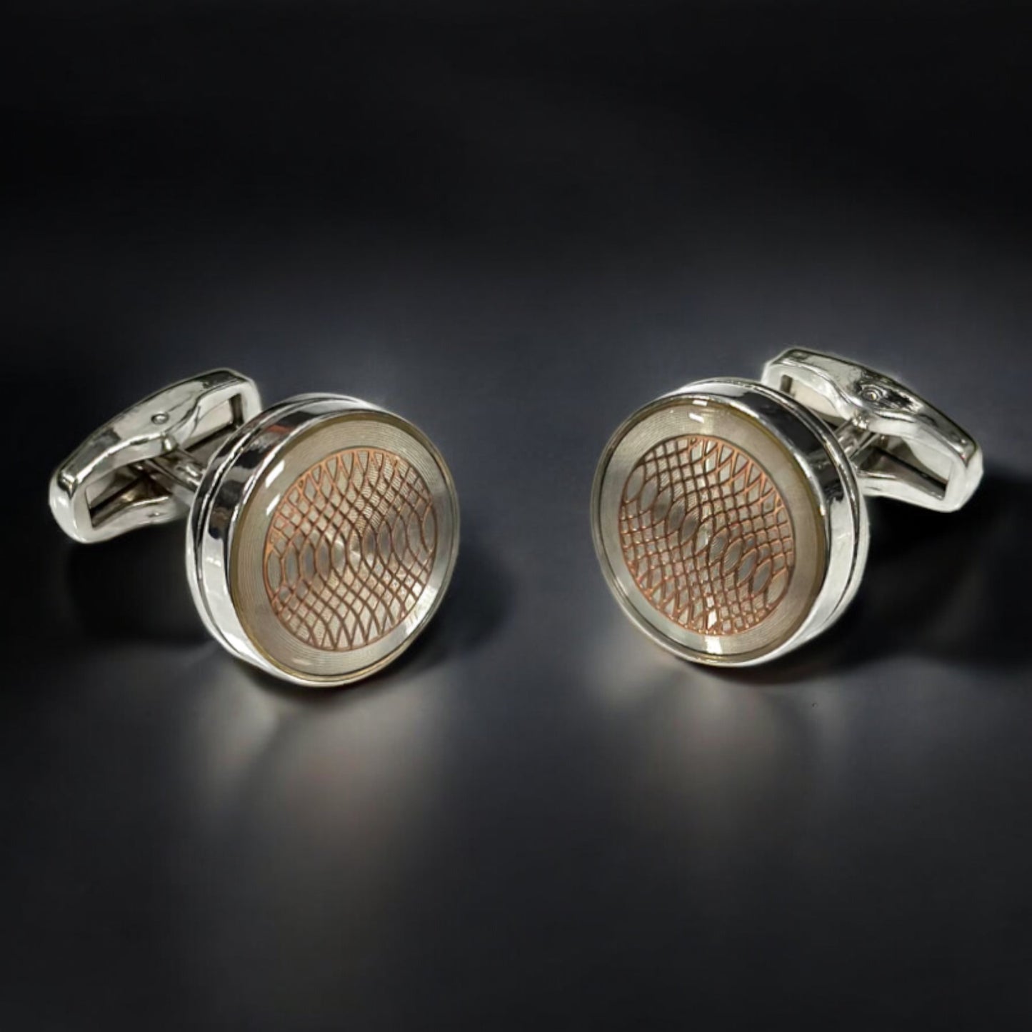 Round Silver with Fine Rose Gold Lines  - Istanbul Fashion Cufflinks - 61