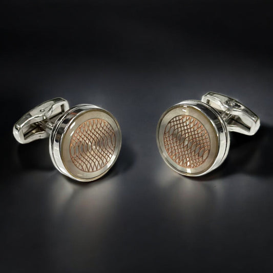 Round Silver with Fine Rose Gold Lines  - Istanbul Fashion Cufflinks - 61